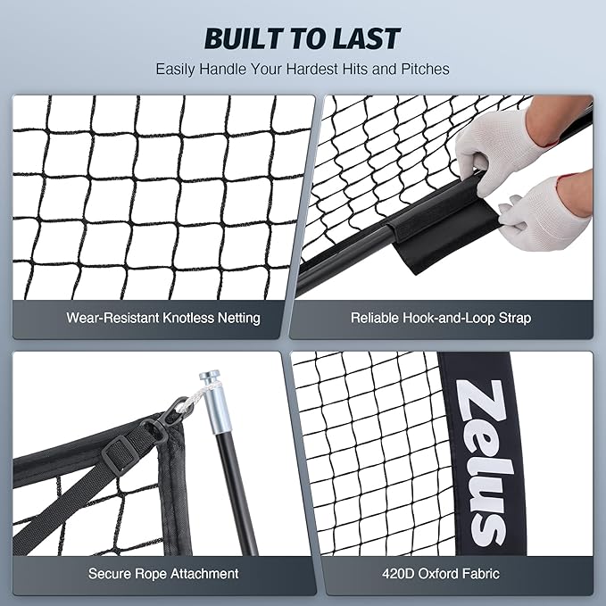 ZELUS Baseball Net 7 ft x7 ft, Softball Hitting & Pitching with Carry Bag, Ground Stakes, Portable Backstop & Bow Frame, Training Equipment for All Ages