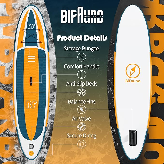 Inflatable Stand Up Paddle Board with SUP Accessories & Backpack. Paddle Boards for Adults. Non-Slip Deck, Wide Stance, Bottom Fin, Double Action Pump.