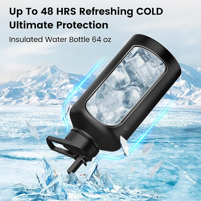 Insulated Water Bottle 64 oz, Triple Wall Vacuum Stainless Steel(Cold for 48 Hrs),Leak Proof & BPA-Free,Half Gallon Water Bottle with Reflective Paracord & Flip Straw for Sports & Travel, Black
