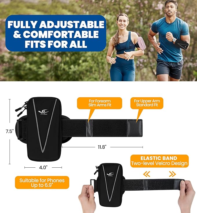 HiRui Cell Phone Holder Arm Bag & Wrist Bag for Phone, Sports Running Armband for Gym & Cycling, Compatible with iPhone 16/16Pro/Plus/15/14 Samsung Galaxy All Phones, Reflective & Adjustable (Black)