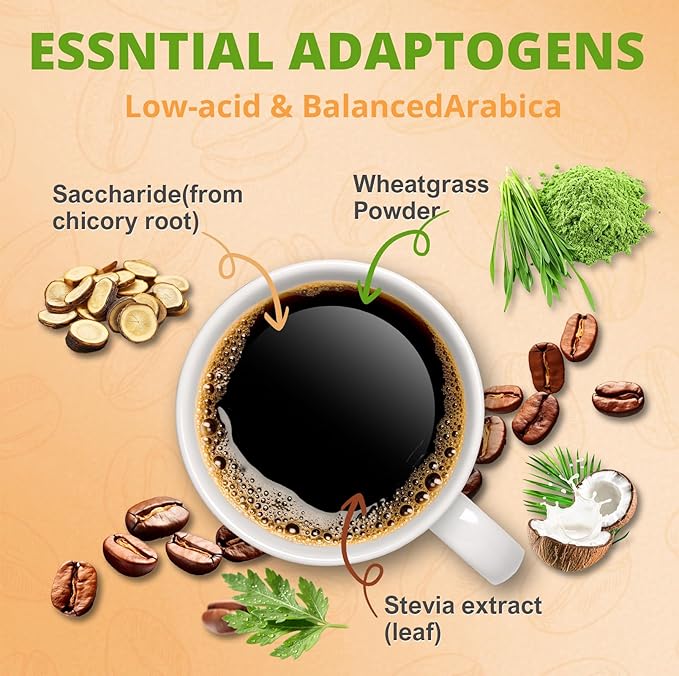Alkaline Coffee Non-Dairy, Arabica Coffee with Mushroom Creamer, Wheatgrass, Oligosaccharide, 30% Beta-Glucan for Focus & Gut Health Support, 8.47oz