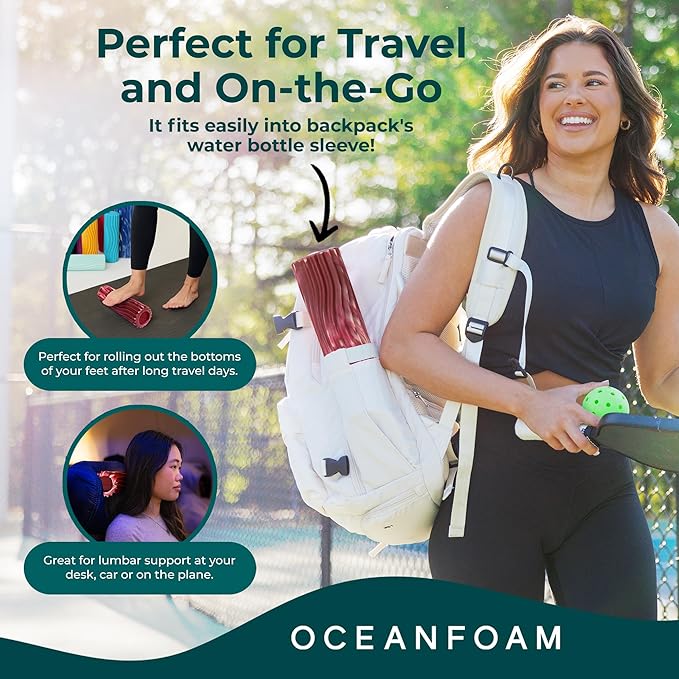 Oceanfoam Ripple Travel Foam Roller (11" x 3.35") Firm Mini Foam Roller for Physical Therapy, Deep Tissue Massage, Back Pain - High Density, Wave Textured - Yoga (Maroon, Blush & Hot Pink Marbled)