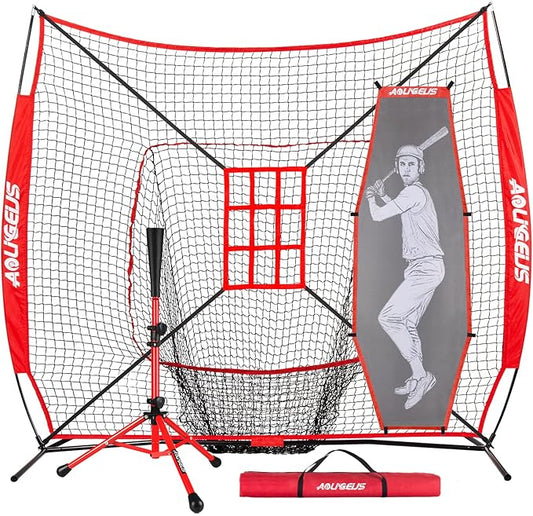 7'X7' Baseball Softball Practice Net,Pitching Net,Batting Net,with Baseball Tee,Bonus Strike Zone and Bow Frame,for Hitting,Pitching, Catching
