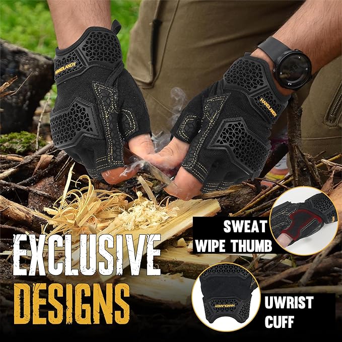 HANDLANDY Fingerless Framer Work Gloves for Men, Utility Grip Paded Gloves for Tactical Shooting Airsoft Hunting Driving (Black- 3 Fingerless, Large (Pack of 1))