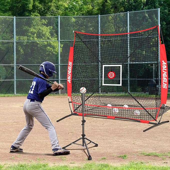 6'X6' Baseball Softball Practice Net with Batting Tee and Ball Caddy, Bonus Strike Zone Target and Bow Frame, for Hitting, Pitching, Catching