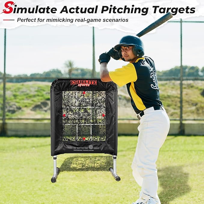 Heavy-Duty 9 Hole Pro Style Baseball & Softball Pitching Net with Strike Zone Target - Adjustable Portable Design for Training, Includes 4 Stakes & 2 Sandbags