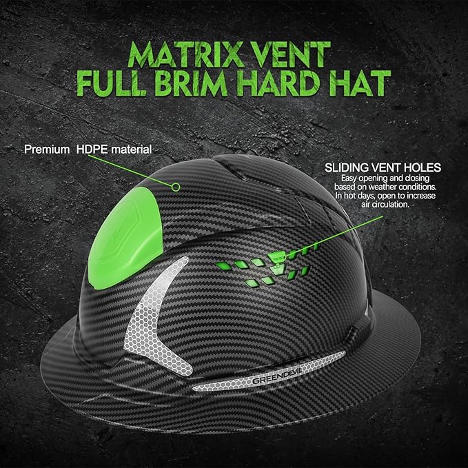 GREEN DEVIL Matrix Full Brim Hard Hat with Headlight Vented Construction Safety Helmet OSHA Approved Cascos De Construccion Work Hardhat for Men&Women
