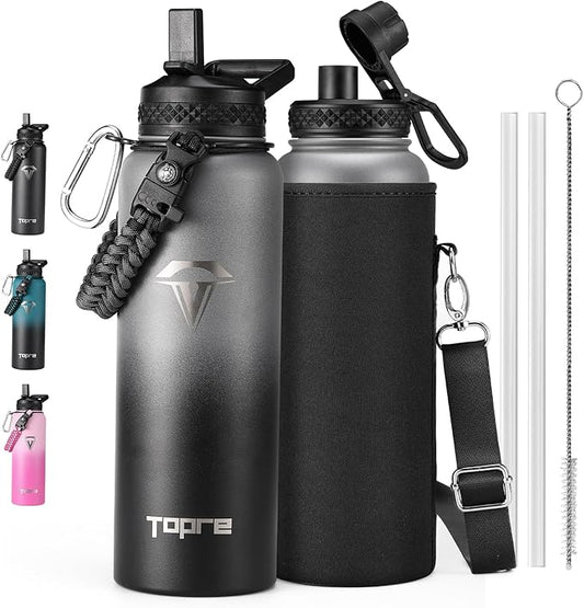 40oz Insulated Water Bottle,Stainless Steel Vacuum Water Bottle, BPA-Free & Leakproof -with Paracord Handle,Strap,Straw Spout Lids,Large Water Jug for Gym Sports