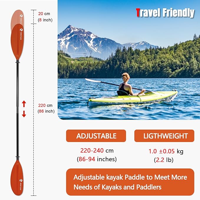 Kayak Paddles with Fiberglass Shaft and Reinforced PP Blade, Floating Adjustable Kayaking Oars, 3 Piece, 220-240 cm/86-94 Inches, 240-260 cm/94-102 Inches