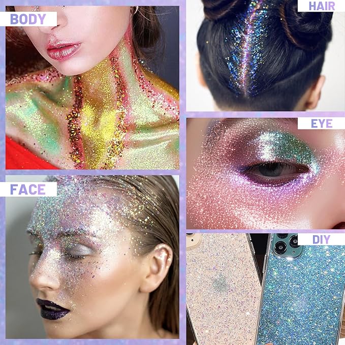 DAGEDA 2Colors Roll-on Body Glitter Gel for Body, Hair, Face, Holographic Glitter Makeup for Rave Accessories, Body Shimmer Hair Glitter Gel for Halloween Makeup(Dazzle + Sprakling Pink)