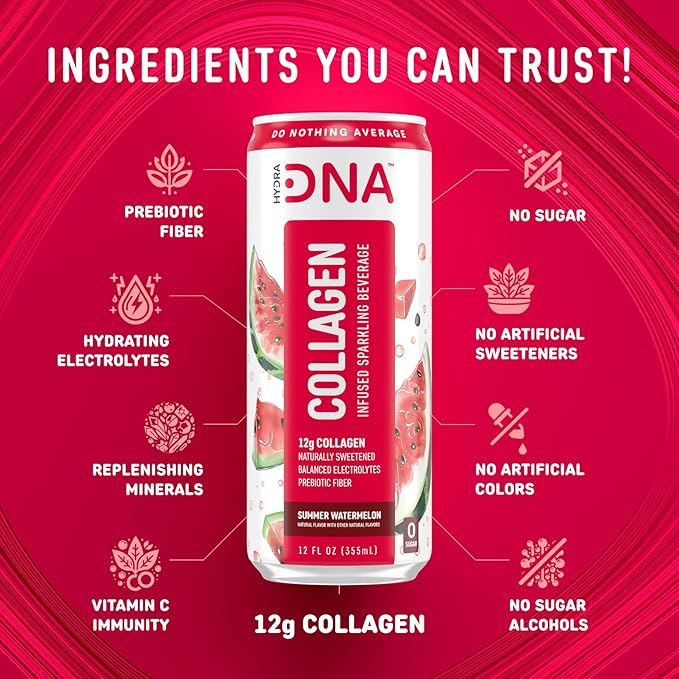 HYDRADNA- Sparkling Liquid Collagen Protein Water Drink Balanced Nutrients for Wellness - Sugar-Free - Keto-Friendly - No Gluten (12 Pack) Watermelon