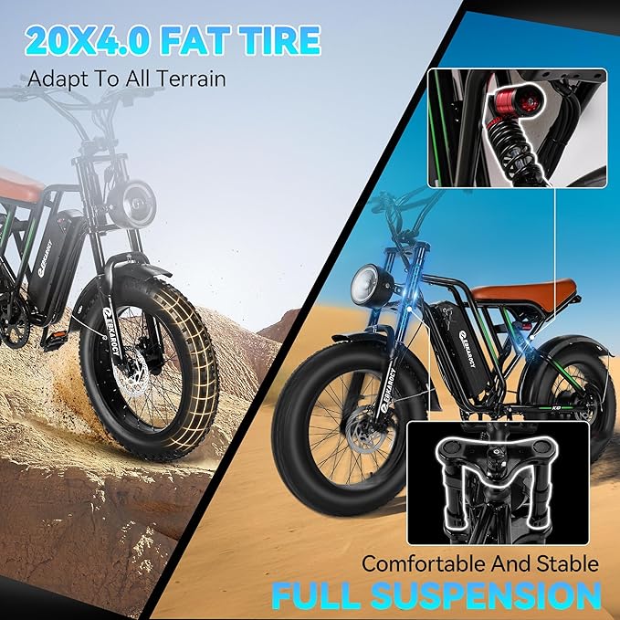 750W Electric Bike for Adults, 20" Fat Tire Electric Dirt Bike with 48V 13AH Removable Battery, Max 25 MPH & 35+Miles, LCD Display, Full Suspension Ebike for Snow/Beach/Mountains/Road