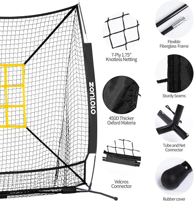 6x6ft Baseball & Softball Net for Hitting,Pitching and Batting, Throwing,Baseball net with Sturdy Bow Frame,Battting Tee,Strike Zone, Middle Size,Suitable for Kids!