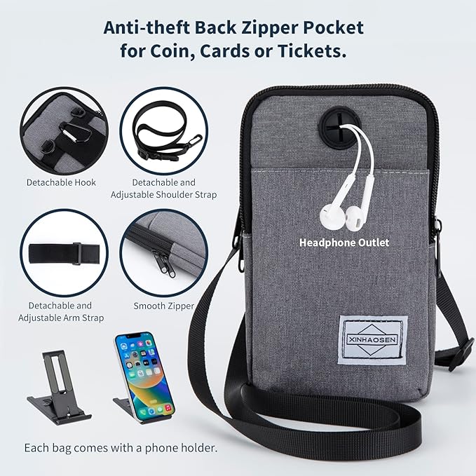 Cell Phone Purse Waist Pack Bag Travel Crossbody Bag Wristband Sport Armband Wallet with Removable Shoulder Strap (Light Grey)