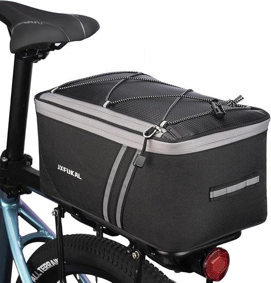 JXFUKAL Rear Bike Rack Bag with Rain Cover, 7L/9L/10L/12L Waterproof Bicycle Ebike Saddle Bag Cycling Pannier Trunk Carrier with Reflector & Adjustable Cord for Commuter Travel Outdoor
