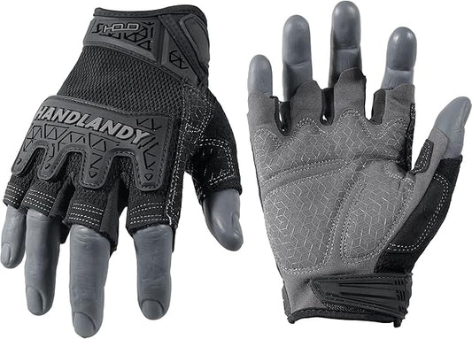 HANDLANDY Fingerless Work Gloves for Men, Padded Half Finger Tactical Mechanics Gloves, Utility Trucker Driver Gloves (Black, Medium (Pack of 1))
