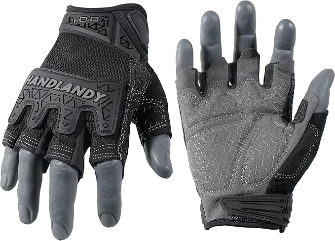 HANDLANDY Fingerless Work Gloves for Men, Padded Half Finger Tactical Mechanics Gloves, Utility Trucker Driver Gloves (Black, X-Large (Pack of 1))