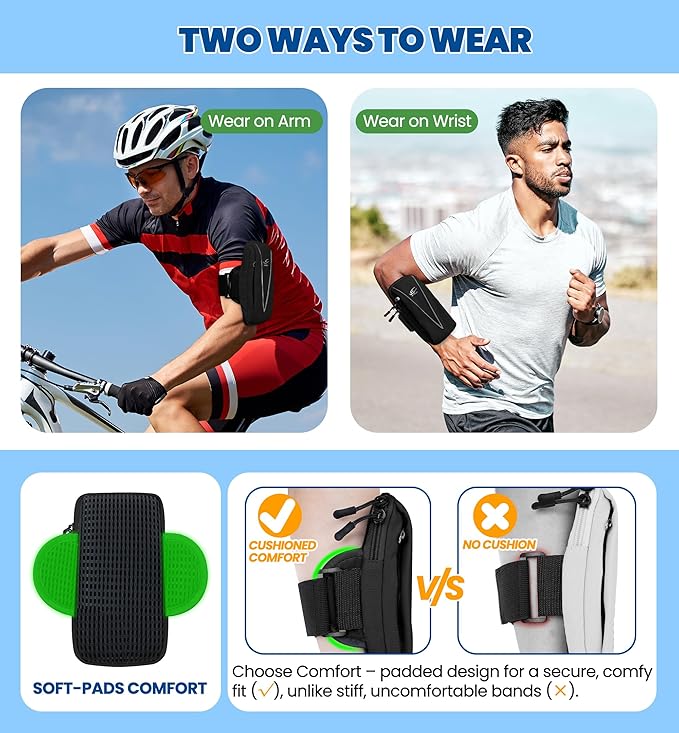 HiRui Cell Phone Holder Arm Bag & Wrist Bag for Phone, Sports Running Armband for Gym & Cycling, Compatible with iPhone 16/16Pro/Plus/15/14 Samsung Galaxy All Phones, Reflective & Adjustable (Black)