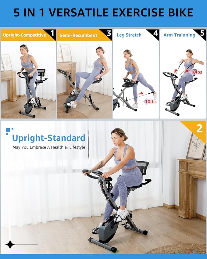 Foldable Exercise Bike Stationary Bikes for Home, 5 IN 1 Indoor Workout Bike, Cycling Bike with 16-Level Quiet Magnetic Resistance, 6.6 LBS Flywheel and 300LBS Capacity, 2025 Designed 817 X-bike
