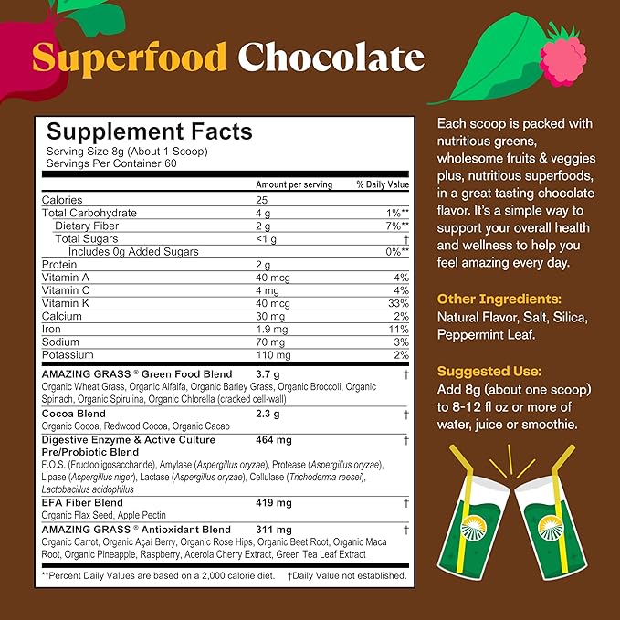 Amazing Grass Greens Superfood Powder: Greens Powder with Digestive Enzymes & Probiotics, Organic Spirulina, Chlorella, and Beet Root Powder, Chocolate, 60 Servings