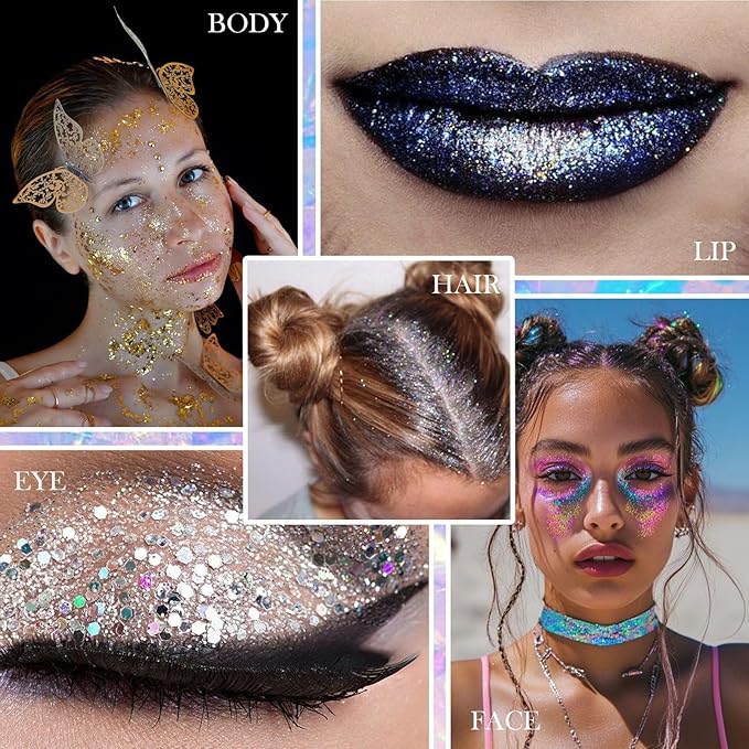 Body Face Glitter Makeup for Kids Women, Sparkly Chunky Hair Glitter, Mermaid Birthday Decorations Rave Outfits for Women (Mermaid Glitter)