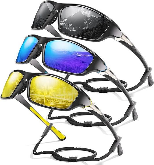 3 Pack Polarized Sports Sunglasses for Men, Mens Sunglasses Wrap Around UV400 Protection for Cycling Fishing Driving