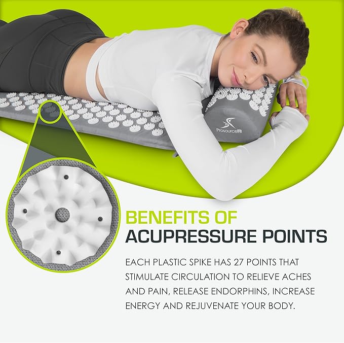 ProsourceFit Acupressure Mat and Pillow Set for Back/Neck Pain Relief and Muscle Relaxation, Large - Gray/Gray