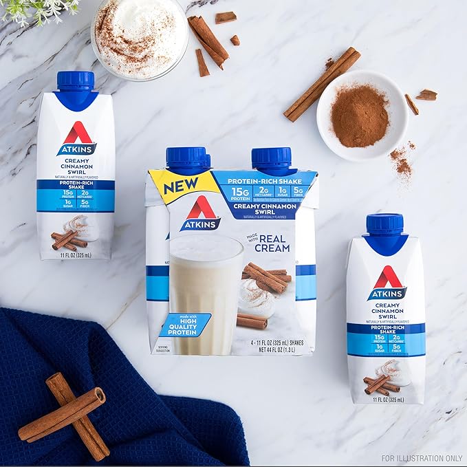 Atkins Creamy Cinnamon Swirl Protein Shake, 15g Protein, Low Glycemic, 2g Net Carb, 1g Sugar, Keto Friendly, 12 Count