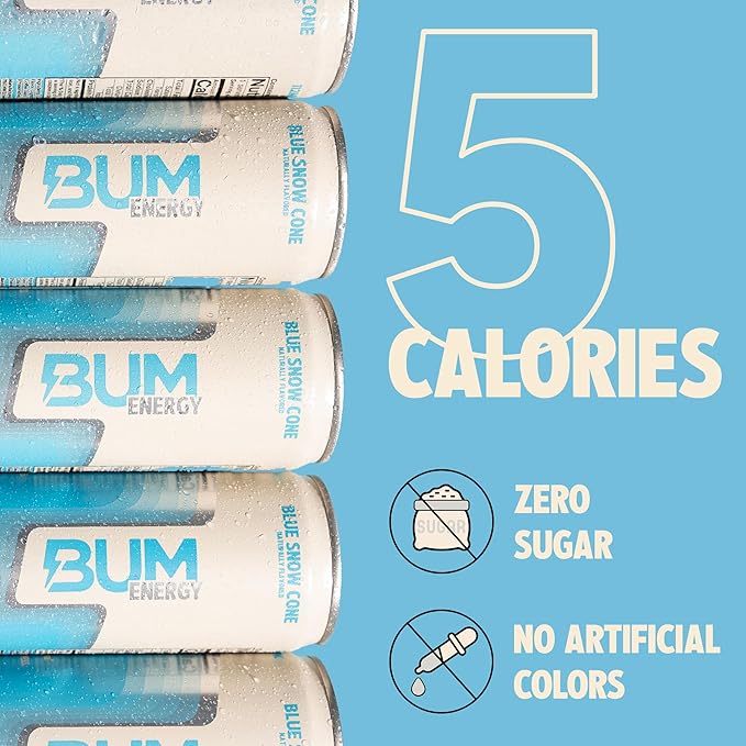 BUM Sugar-Free Energy Drink, Blue Snow Cone - Lightly Carbonated & No Artificial Colors, Natural Caffeine & Citicoline for Energy & Focus, Brain Boost & Workout Sports Beverage - 12 oz, Pack of 12