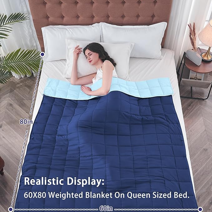 yescool Weighted Blanket for Adults (15 lbs, 60" x 80", Navy & Blue) Cooling Heavy Blanket for Sleeping Perfect for 140-160 lbs, Queen Size Breathable Blanket with Premium Glass Bead, Machine Washable
