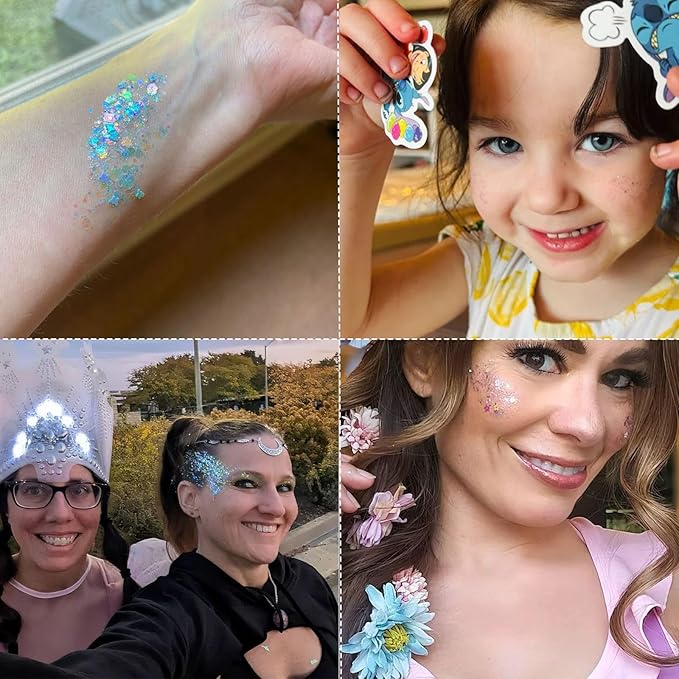 Body Face Glitter Makeup for Kids Women, Sparkly Chunky Hair Glitter, Mermaid Birthday Decorations Rave Outfits for Women (Mermaid Glitter)