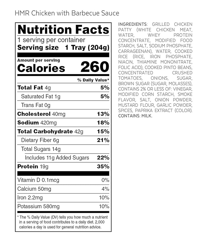 HMR Chicken with Barbecue Sauce Entrée | Pre-packaged Lunch or Dinner | Ready to Eat | 19g of Protein | Low Calorie Food | 7.2oz Serving per Meal | Pack of 6