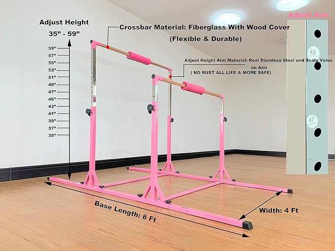 Gymnastics Double Horizontal Bars 3Play Parallel Bars Uneven Bars Gymnastics Training Kip Bar with 304 Stainless Steel Regulating Arms & Fiberglass Rail for Indoor Outdoor Home Club Use