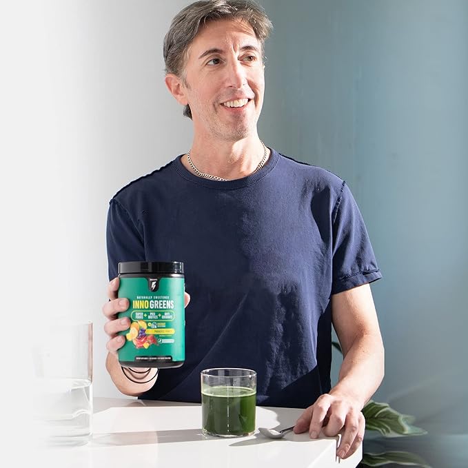 Inno Greens | 28+ Organic Greens & Superfoods | Advanced Prebiotics + Probiotics | Super Antioxidant + Hydration | Spirulina, Chlorella, Ashwagandha | Natural | 30 Servings (Strawberry Banana)