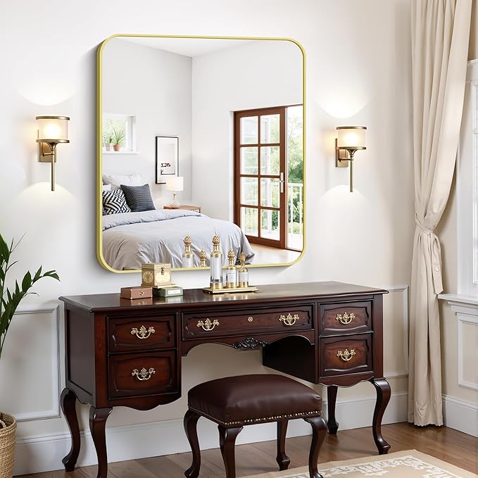 FORBATH 40x36 Inch Gold Bathroom Mirror for Over Sink, Large Rectanglar Wall Mirror with Metal Frame, Rounded Corners for Bathroom, Bedroom, Entryway Decor (Horizontal or Vertical)