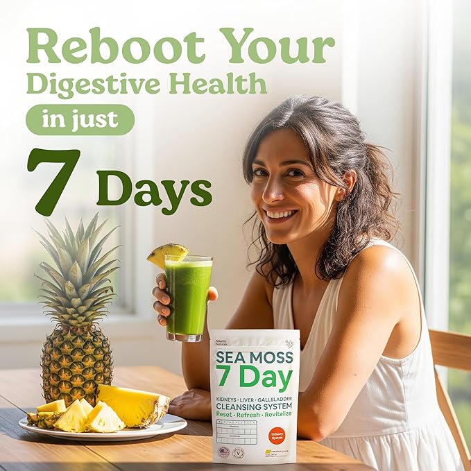 Atlantic Naturals Sea Moss 7 Day Detox Liver, Gallbladder & Kidney Cleanse - Support with Dandelion Root, Milk Thistle, Burdock Root, Red Clover, Chanca Piedra - Pineapple Flavor Drink Mix (14 oz)