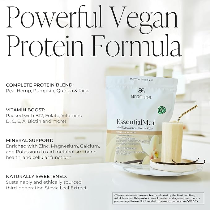 Arbonne EssentialMeal Meal Replacement Shake - Protein Shake, Vegan Protein Powder, Complete Daily Nutrition, Vanilla
