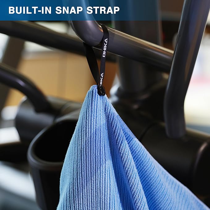 Microfiber Gym Towels with Snap Strap Closure, Ribbed Pattern Sports Towels for Yoga, Home and Outdoor Activities, 27” x 16”, 6 Pack, Light Blue