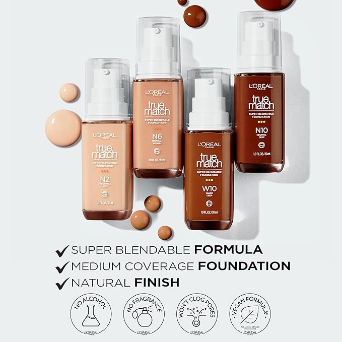 L'Oreal Paris True Match Super-Blendable Foundation, Medium Coverage Liquid Foundation Makeup, C8, Medium Deep, 1 Fl Oz