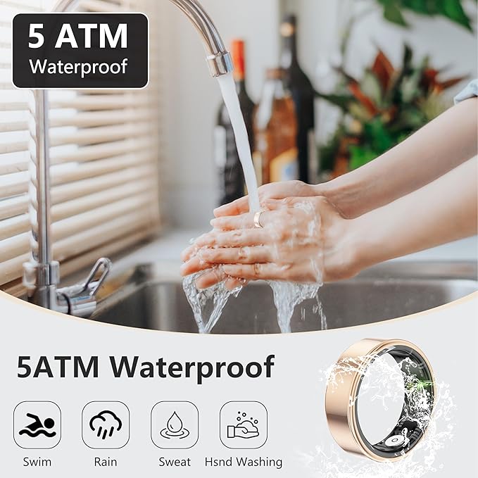 Thin Smart Ring for Fitness & Health Tracking -Pedometer,Sleep/Heart Rate/Blood Oxygen Monitor, Gesture Control / 5ATM Waterproof -No APP Subscription Compatible with Android& iOS (Rose Gold, 11)