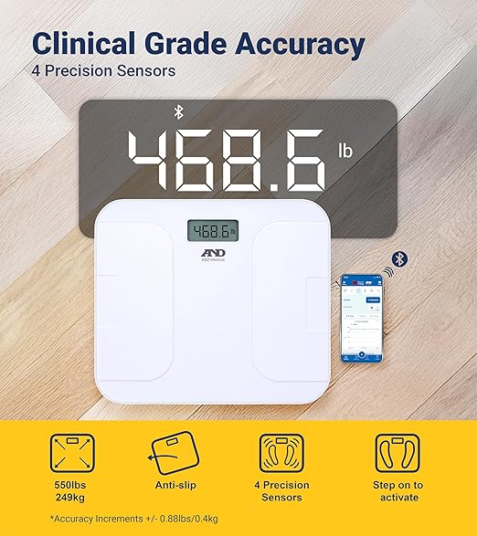 A&D Medical Digital Body Weight Scale, UC-356BLE Bluetooth Bathroom Weight Machine, UltraWide Platform and Large Display, Syncs with A&D App,550lb (249kg), Batteries Included, White