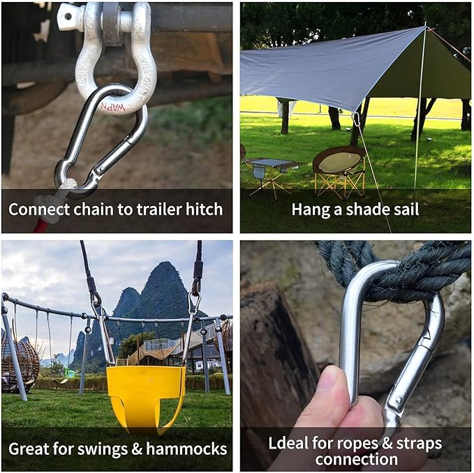 3 Inch Carabiner Spring Snap Hook Steel Clip Link Buckle Heavy Duty 8x80mm 10 Pcs for Outdoor Camping Hiking Hammock Swing, White