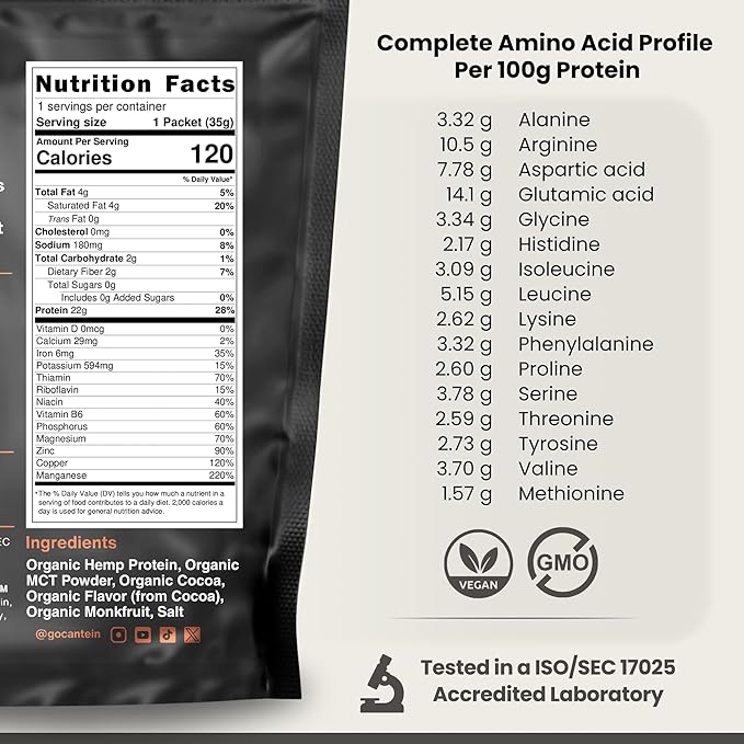 Organic Hemp Protein, Vegan Protein Powder, Plant Based Protein Powder, Non Dairy Protein, Lactose Free Natural Protein, Gluten Free- 1 Servings, Chocolate Sample
