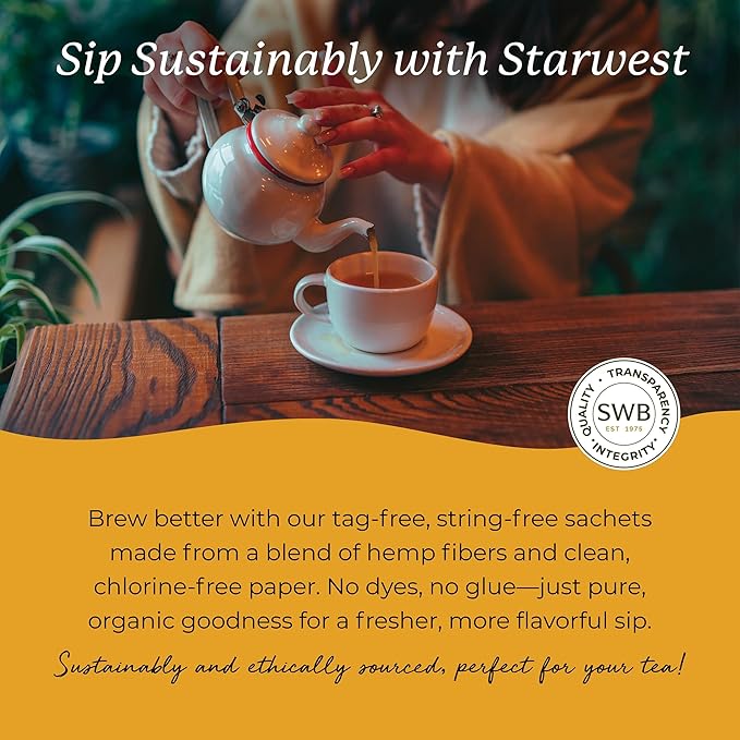 Starwest Botanicals Organic Turmeric Ginger Tea - Caffeine Free Herbal Tea with Turmeric, Cinnamon, & Ginger, Tea with Antioxidant Properties, String Free Sachets, Non GMO - Bulk Pack, 100 Tea Bags