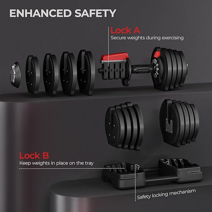Yaheetech Adjustable Dumbbell Set Free Weight Dumbbells 40lbs/52.5lbs/90lbs Fast Adjust Dumbbells Dumbbell Weight Set, with Tray for Men/Women Strength Training Equipment