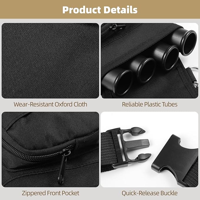 4 Tubes Hip Quiver, Nylon Fabric Waist Arrow Quiver with Pockets and Adjustable Strap for Archery Shooter, Outdoor Arrow Storage