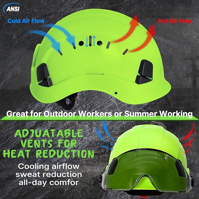 Aolamegs Construction Hard Hats for Adults - Hard Hats Construction OSHA Approved with Smoke Visor for Men Women ANSI Z89.1 Vented Safety Helmet, Hard Hat with Chin Strap,6 Point Suspension （Green
