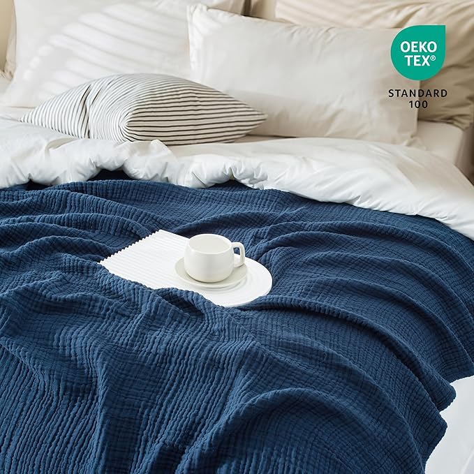 Carriediosa 100% Cotton Muslin Throw Blanket 50" X 70" Throw XL Size，4-Layers Summer Gauze Throws for Bed Couch，Soft Lightweight Breathable Linen Blankets Bedspread for Adults All Season，Navy Blue