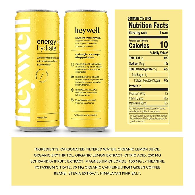 Heywell Sparkling Adaptogenic Water Energy and Focus, Lemon Fizz Flavor 12 Fluid Ounce (Pack of 12) - Caffeinated, Organic, Non GMO, Vegan, Gluten Free, Dairy Free