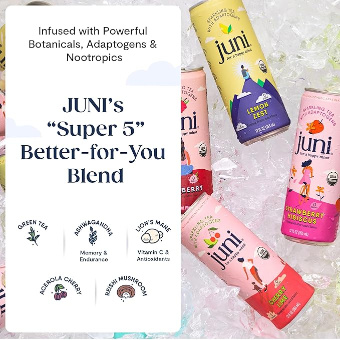 Juni Sparkling Adaptogen Drink with Ashwagandha, Lion's Mane & Reishi Mushrooms | Green Tea for Focus | Zero Sugar, 5 Calories | All Flavors 24-Pack